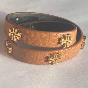 Tory Burch Double Wrap Logo Stud Leather Bracelet